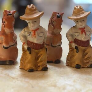 2 sets Vintage Japan Cowboy and Horse Salt and pepper shakers with cork 3.25”